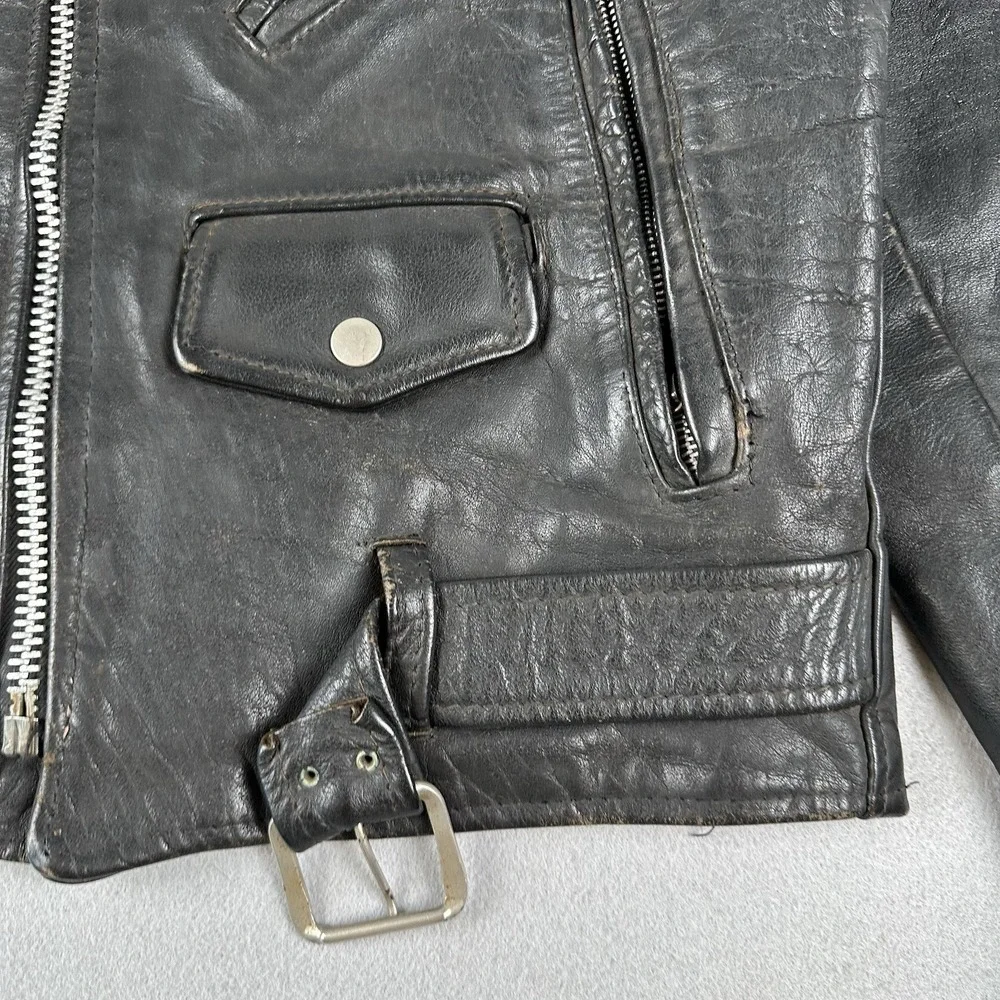 Vintage 60s 70s Leather Motorcycle Jacket Men's 40 Black Unlined Belted Biker